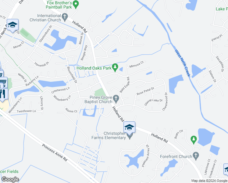 map of restaurants, bars, coffee shops, grocery stores, and more near 2924 Bald Eagle Bend in Virginia Beach
