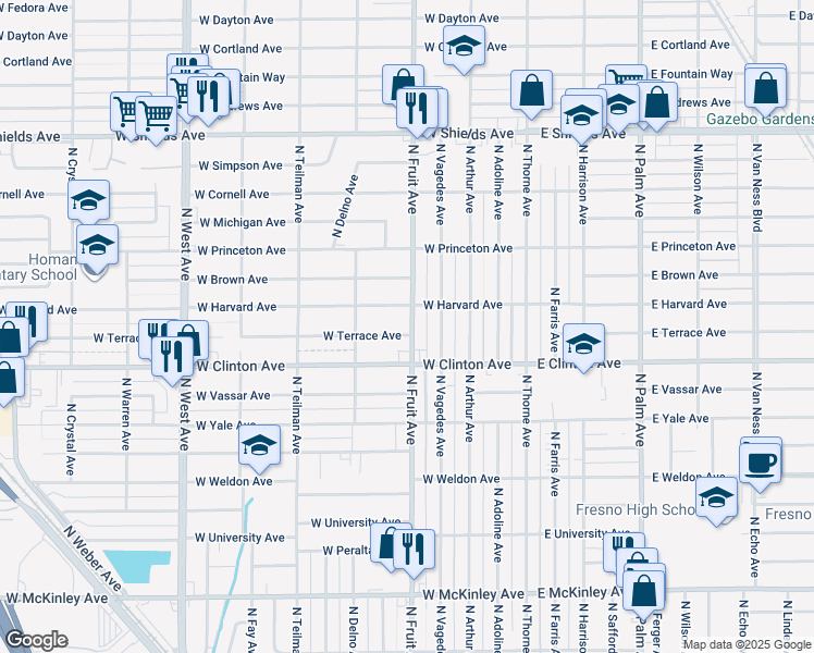 map of restaurants, bars, coffee shops, grocery stores, and more near 506 West Terrace Avenue in Fresno