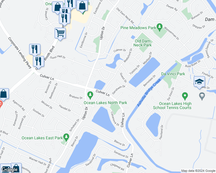 map of restaurants, bars, coffee shops, grocery stores, and more near 1881 Grinnell Court in Virginia Beach