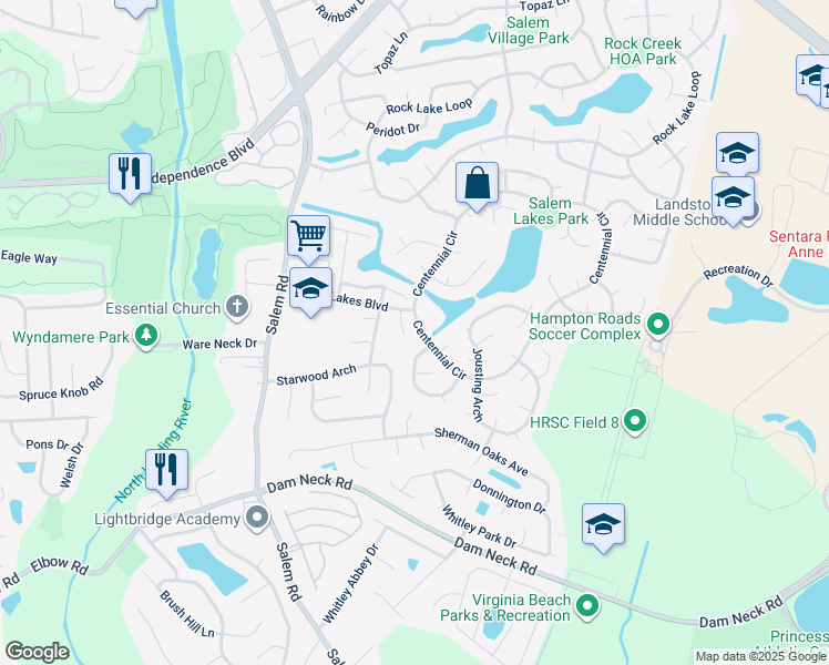 map of restaurants, bars, coffee shops, grocery stores, and more near 2016 Adobe Court in Virginia Beach