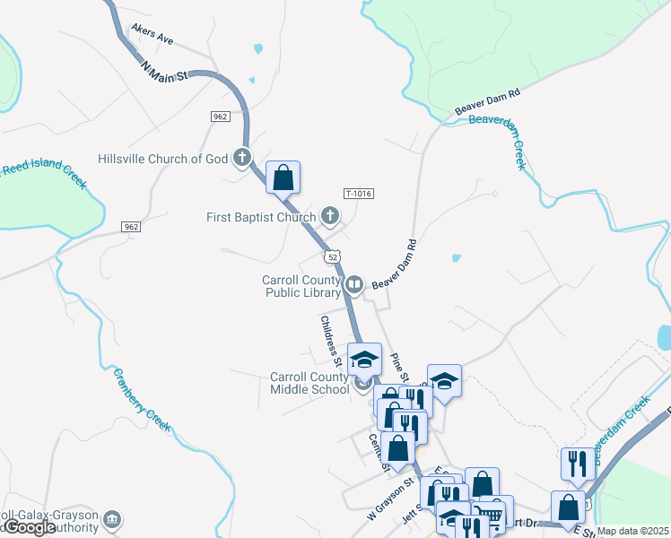 map of restaurants, bars, coffee shops, grocery stores, and more near 1320 North Main Street in Hillsville