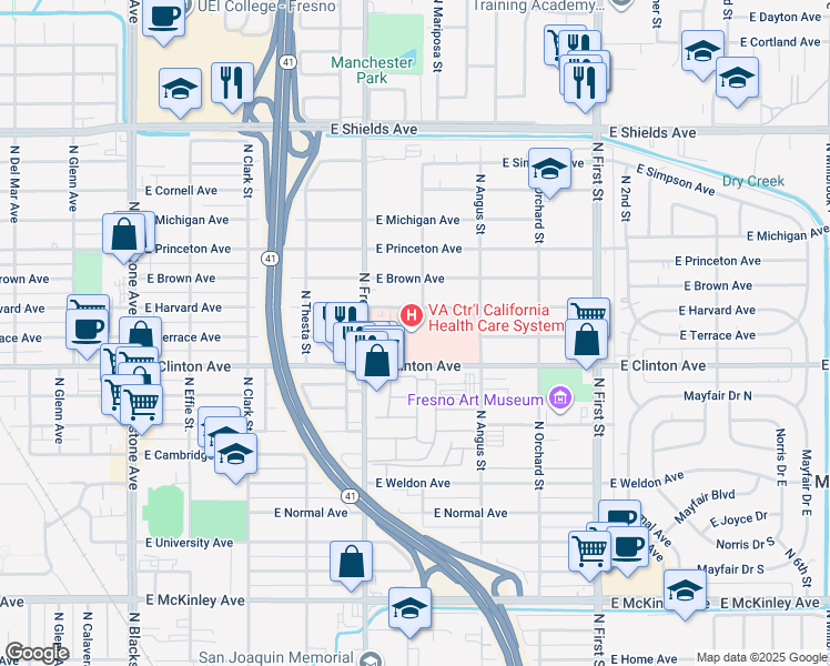 map of restaurants, bars, coffee shops, grocery stores, and more near 2629 East Harvard Avenue in Fresno