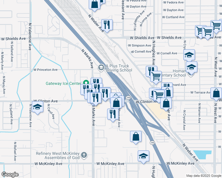 map of restaurants, bars, coffee shops, grocery stores, and more near 2550 West Clinton Avenue in Fresno