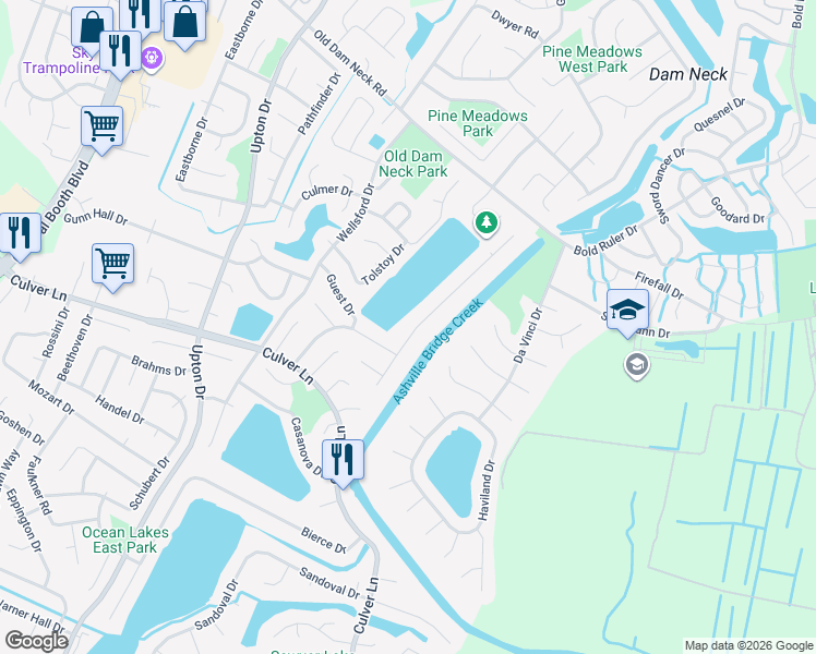 map of restaurants, bars, coffee shops, grocery stores, and more near 1833 Bernstein Drive in Virginia Beach