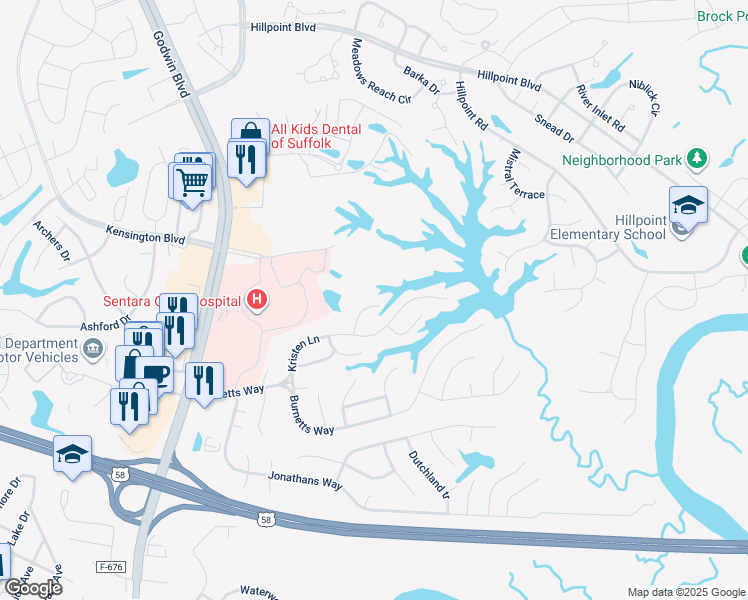 map of restaurants, bars, coffee shops, grocery stores, and more near 111 White Hall Arch in Suffolk