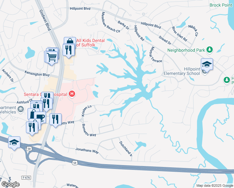 map of restaurants, bars, coffee shops, grocery stores, and more near 168 Kristen Lane in Suffolk