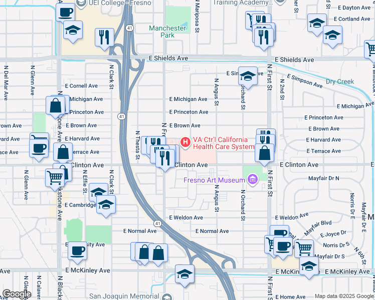 map of restaurants, bars, coffee shops, grocery stores, and more near 2615 East Clinton Avenue in Fresno