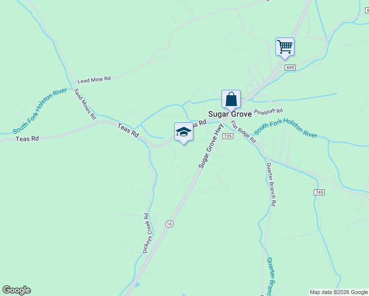 map of restaurants, bars, coffee shops, grocery stores, and more near 242 Teas Road in Sugar Grove