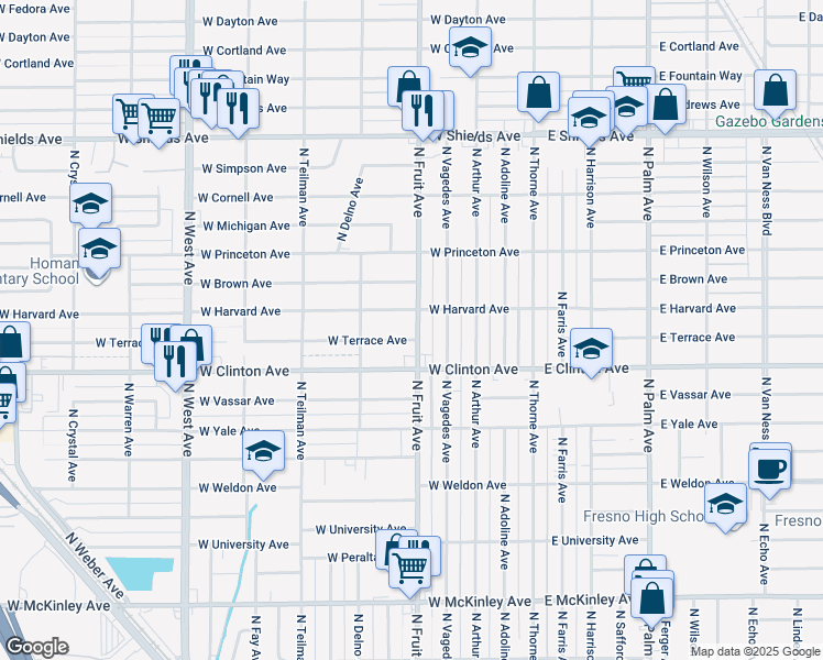 map of restaurants, bars, coffee shops, grocery stores, and more near 506 West Terrace Avenue in Fresno