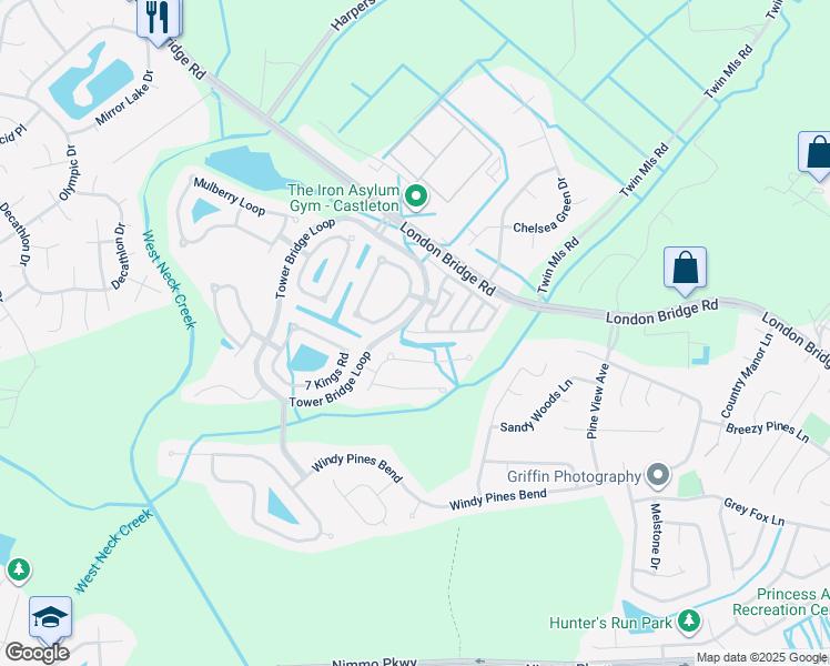 map of restaurants, bars, coffee shops, grocery stores, and more near 2401 Gateshead Court in Virginia Beach