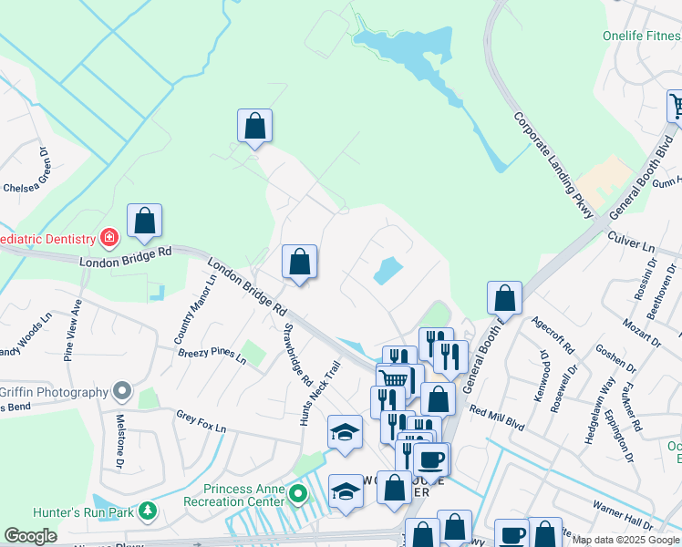 map of restaurants, bars, coffee shops, grocery stores, and more near 1900 Weybridge Circle in Virginia Beach
