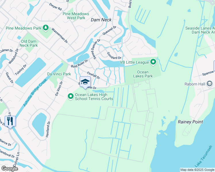 map of restaurants, bars, coffee shops, grocery stores, and more near 905 Chaka Court in Virginia Beach