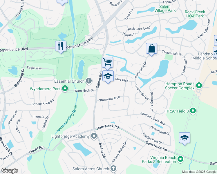 map of restaurants, bars, coffee shops, grocery stores, and more near 3961 Salem Lakes Boulevard in Virginia Beach