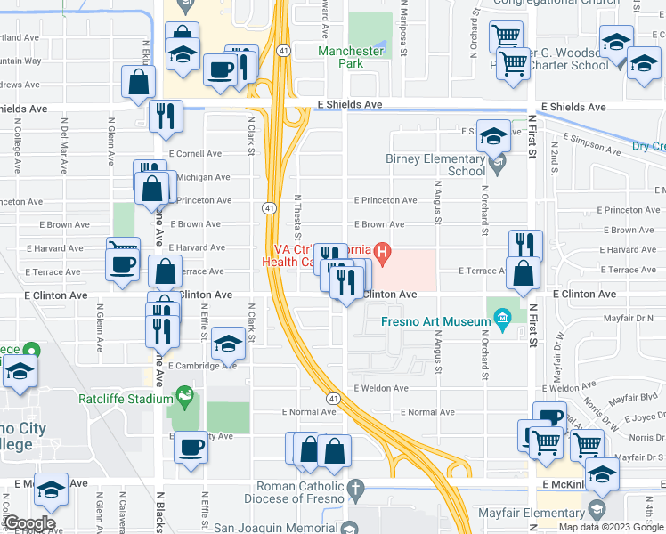 map of restaurants, bars, coffee shops, grocery stores, and more near 2425 East Terrace Avenue in Fresno