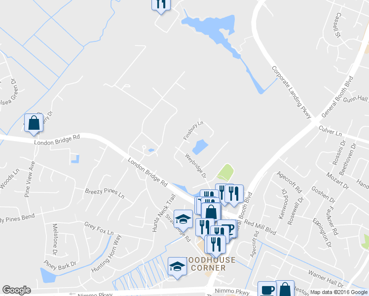 map of restaurants, bars, coffee shops, grocery stores, and more near 2096 Weybridge Drive in Virginia Beach