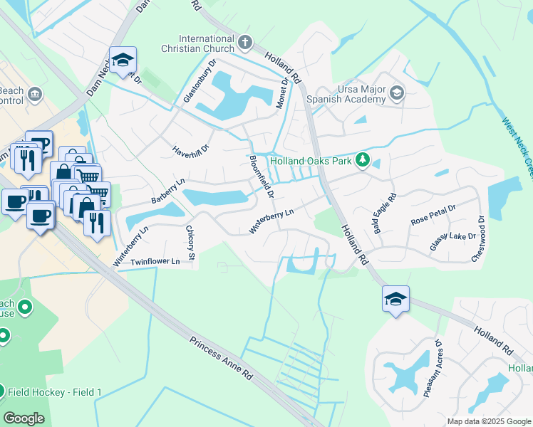 map of restaurants, bars, coffee shops, grocery stores, and more near 3068 Winterberry Lane in Virginia Beach
