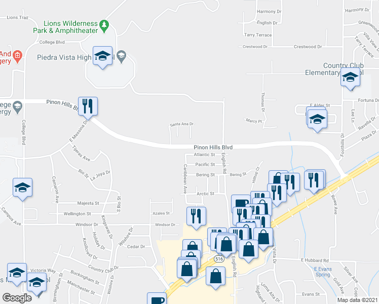 map of restaurants, bars, coffee shops, grocery stores, and more near 4410 Atlantic Street in Farmington