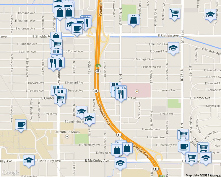 map of restaurants, bars, coffee shops, grocery stores, and more near 2410 East Harvard Avenue in Fresno