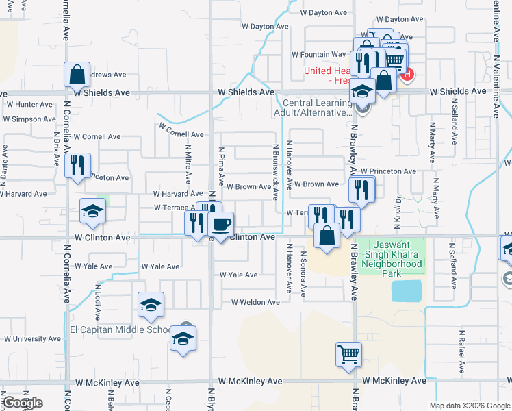 map of restaurants, bars, coffee shops, grocery stores, and more near 4252 West Harvard Avenue in Fresno