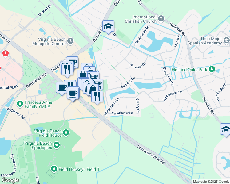 map of restaurants, bars, coffee shops, grocery stores, and more near 3228 Barberry Lane in Virginia Beach