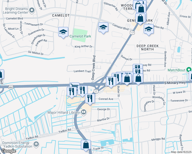 map of restaurants, bars, coffee shops, grocery stores, and more near 916 Deep Creek Boulevard in Chesapeake