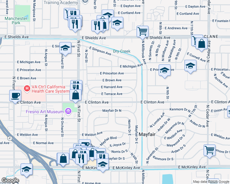 map of restaurants, bars, coffee shops, grocery stores, and more near 3415 East Terrace Avenue in Fresno