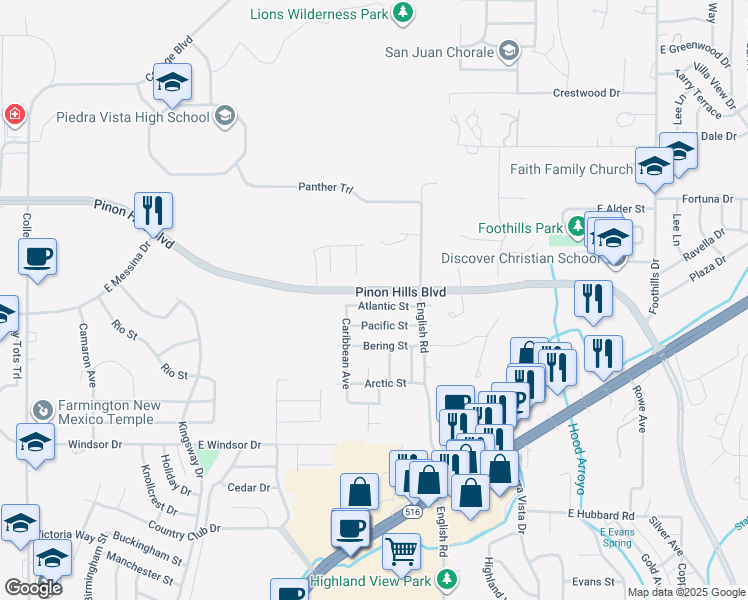 map of restaurants, bars, coffee shops, grocery stores, and more near 4500 Atlantic Street in Farmington