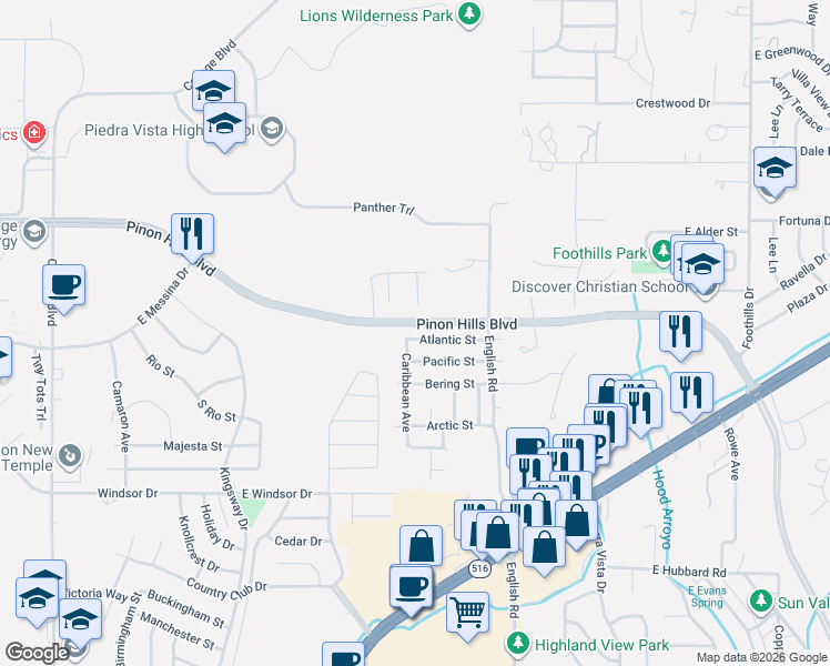 map of restaurants, bars, coffee shops, grocery stores, and more near 4410 Atlantic Street in Farmington