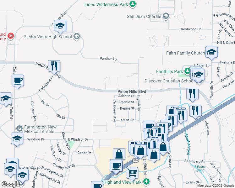 map of restaurants, bars, coffee shops, grocery stores, and more near 4404 Atlantic Street in Farmington