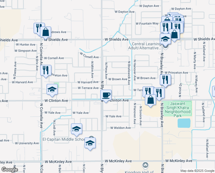 map of restaurants, bars, coffee shops, grocery stores, and more near 4357 West Harvard Avenue in Fresno