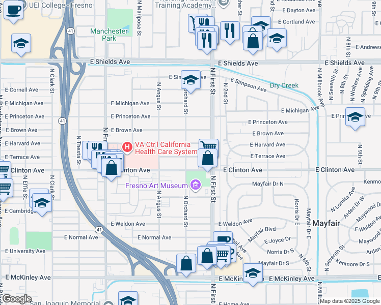 map of restaurants, bars, coffee shops, grocery stores, and more near 2994 East Harvard Avenue in Fresno