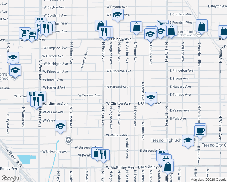 map of restaurants, bars, coffee shops, grocery stores, and more near 2524 North Vagedes Avenue in Fresno