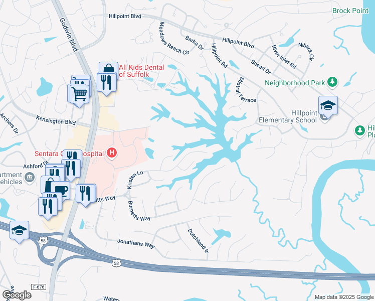 map of restaurants, bars, coffee shops, grocery stores, and more near 172 Kristen Lane in Suffolk