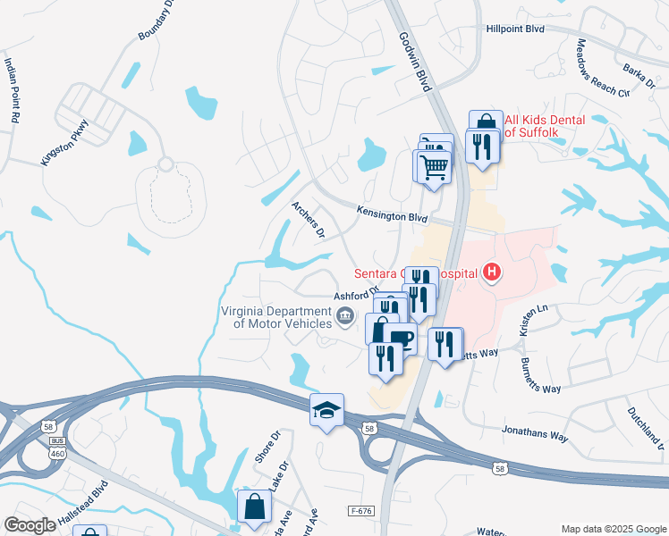 map of restaurants, bars, coffee shops, grocery stores, and more near 109 Dunbar Drive in Suffolk