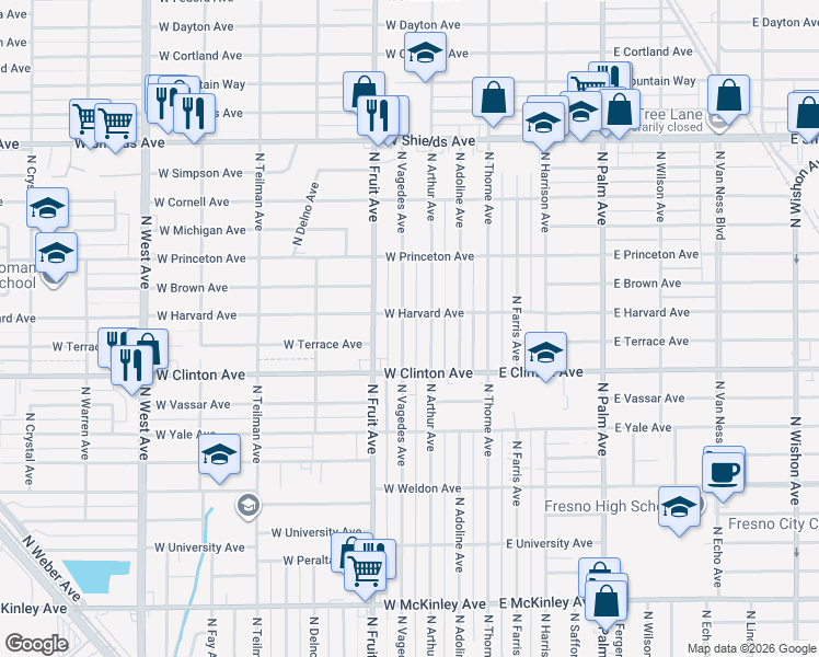 map of restaurants, bars, coffee shops, grocery stores, and more near 2524 North Vagedes Avenue in Fresno