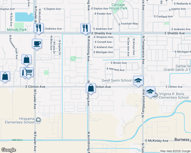 map of restaurants, bars, coffee shops, grocery stores, and more near 2594 North Armstrong Avenue in Fresno