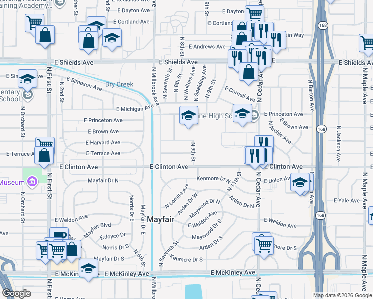 map of restaurants, bars, coffee shops, grocery stores, and more near 3876 East Harvard Avenue in Fresno