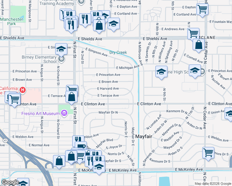 map of restaurants, bars, coffee shops, grocery stores, and more near 3416 East Harvard Avenue in Fresno