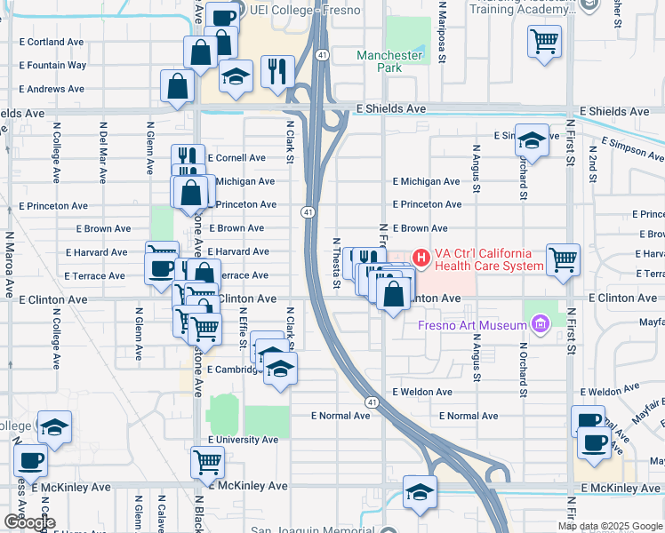 map of restaurants, bars, coffee shops, grocery stores, and more near 2246 East Harvard Avenue in Fresno