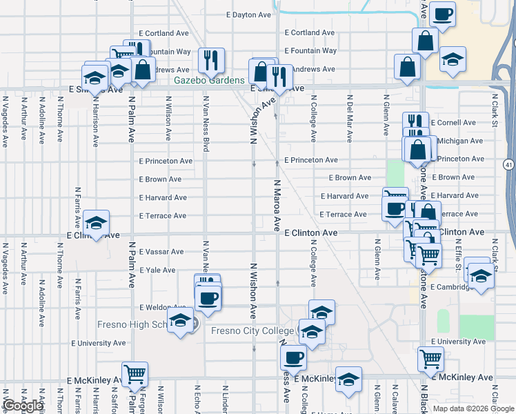 map of restaurants, bars, coffee shops, grocery stores, and more near 834 East Harvard Avenue in Fresno