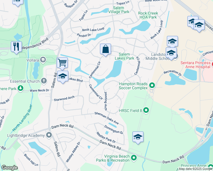 map of restaurants, bars, coffee shops, grocery stores, and more near 3836 Jousting Arch in Virginia Beach