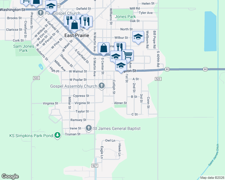 map of restaurants, bars, coffee shops, grocery stores, and more near 300-398 Cutliph St in East Prairie