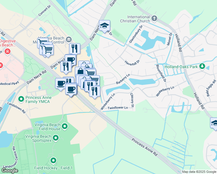 map of restaurants, bars, coffee shops, grocery stores, and more near 3253 Barberry Lane in Virginia Beach