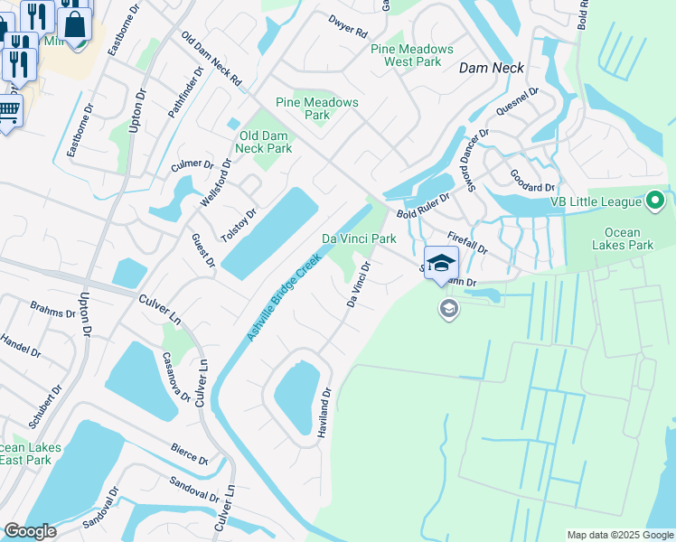 map of restaurants, bars, coffee shops, grocery stores, and more near 1036 Swapscott Court in Virginia Beach