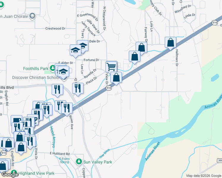 map of restaurants, bars, coffee shops, grocery stores, and more near 5915 East Main Street in Farmington