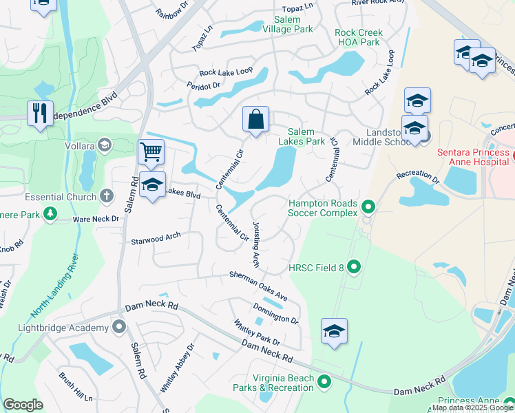 map of restaurants, bars, coffee shops, grocery stores, and more near 3836 Jousting Arch in Virginia Beach