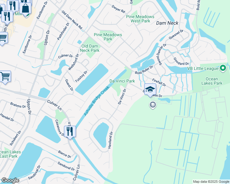 map of restaurants, bars, coffee shops, grocery stores, and more near 1036 Swapscott Court in Virginia Beach