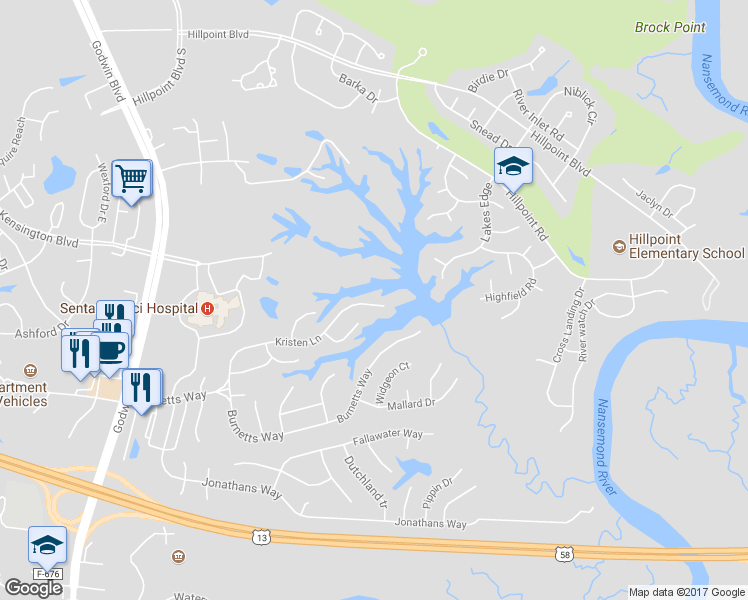map of restaurants, bars, coffee shops, grocery stores, and more near 184 Kristen Lane in Suffolk