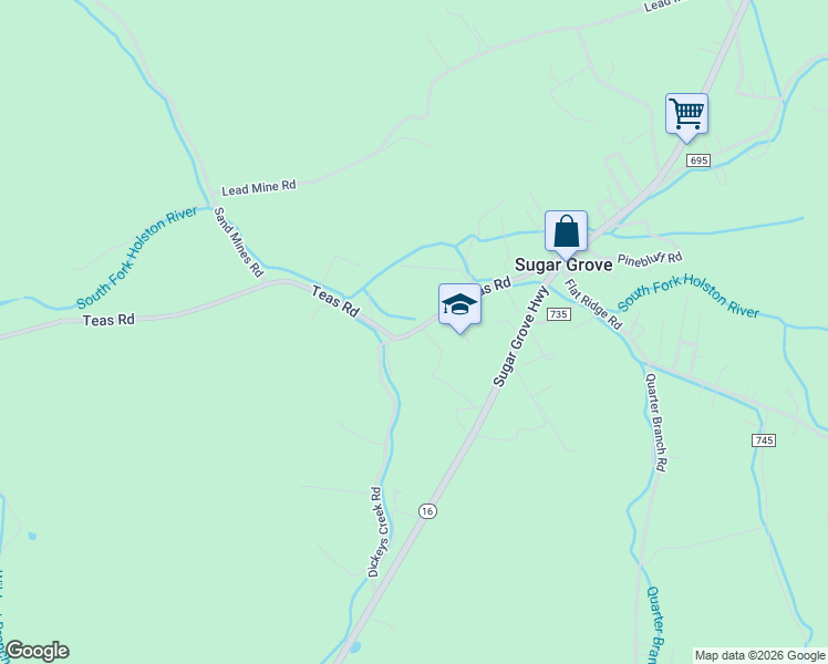 map of restaurants, bars, coffee shops, grocery stores, and more near 242 Teas Road in Sugar Grove