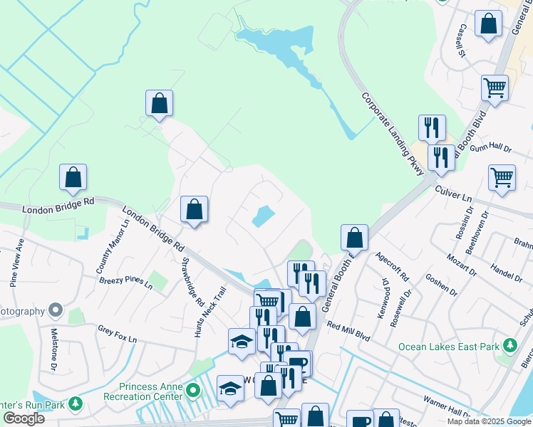 map of restaurants, bars, coffee shops, grocery stores, and more near 1804 Finsbury Lane in Virginia Beach